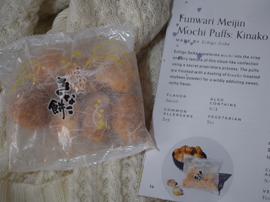 A single packet of dehydrated mochi next to a leaflet describing them